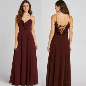 Levkoff Size 14 Burgundy Wine Chiffon V-neck Strappy Back Maxi gown 7102 NWT